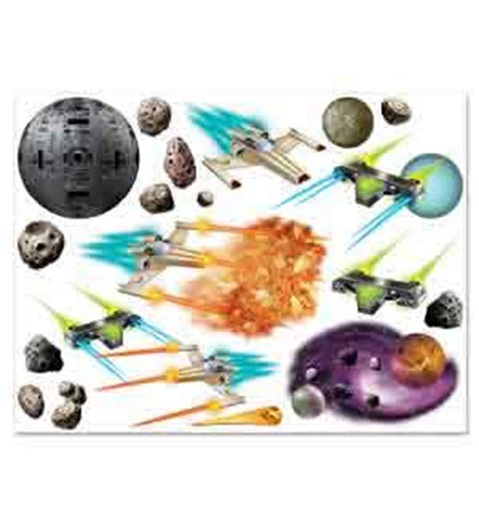 Colorful space battle scene decal featuring various starships, asteroids, and explosion effects.