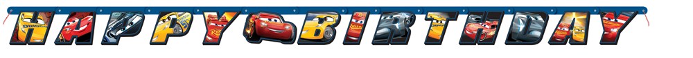 Colorful Cars 3 themed jointed birthday banner with letters and cartoon race car designs.