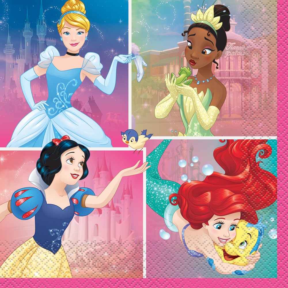 Set of four colorful square lunch napkins featuring Cinderella, Tiana, Snow White, and Ariel with themed backgrounds.