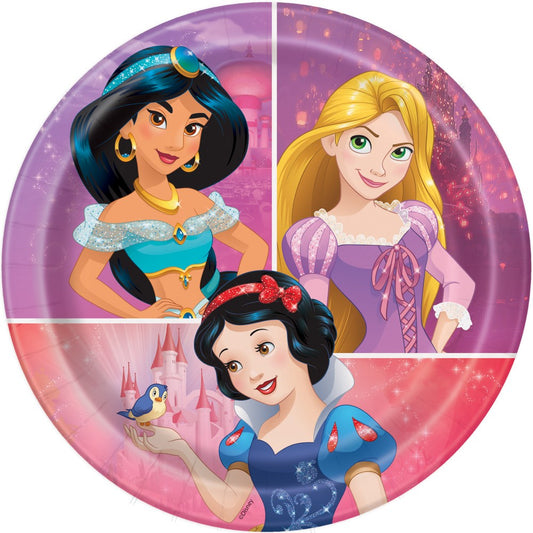 Round 7-inch paper plate with Disney princesses Jasmine, Rapunzel, and Snow White on a purple and pink sparkling background.