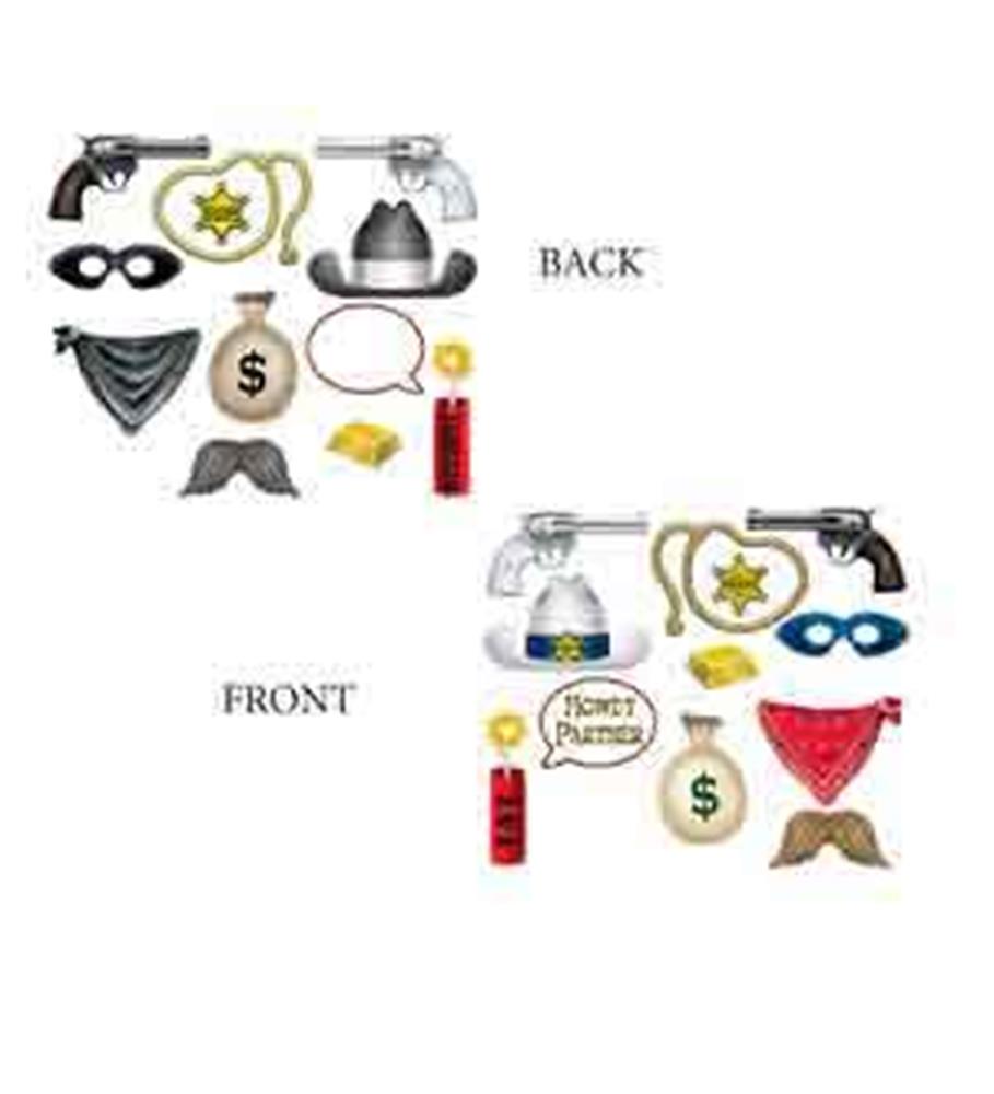Western-themed photo props featuring cowboy hats, bandanas, sheriff badges, toy guns, mustaches, masks, money bags, and.