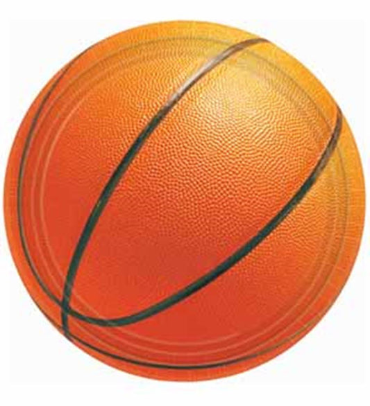 Round 10.5-inch paper plate designed to look like an orange basketball with textured details and black lines.