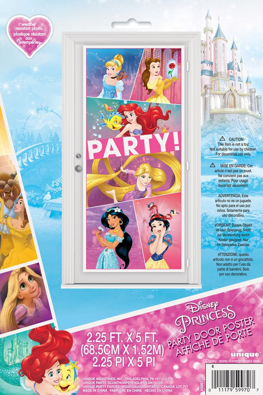 Colorful door poster with Disney princesses Cinderella, Belle, Ariel, Rapunzel, Jasmine, and Snow White, featuring "PARTY!".