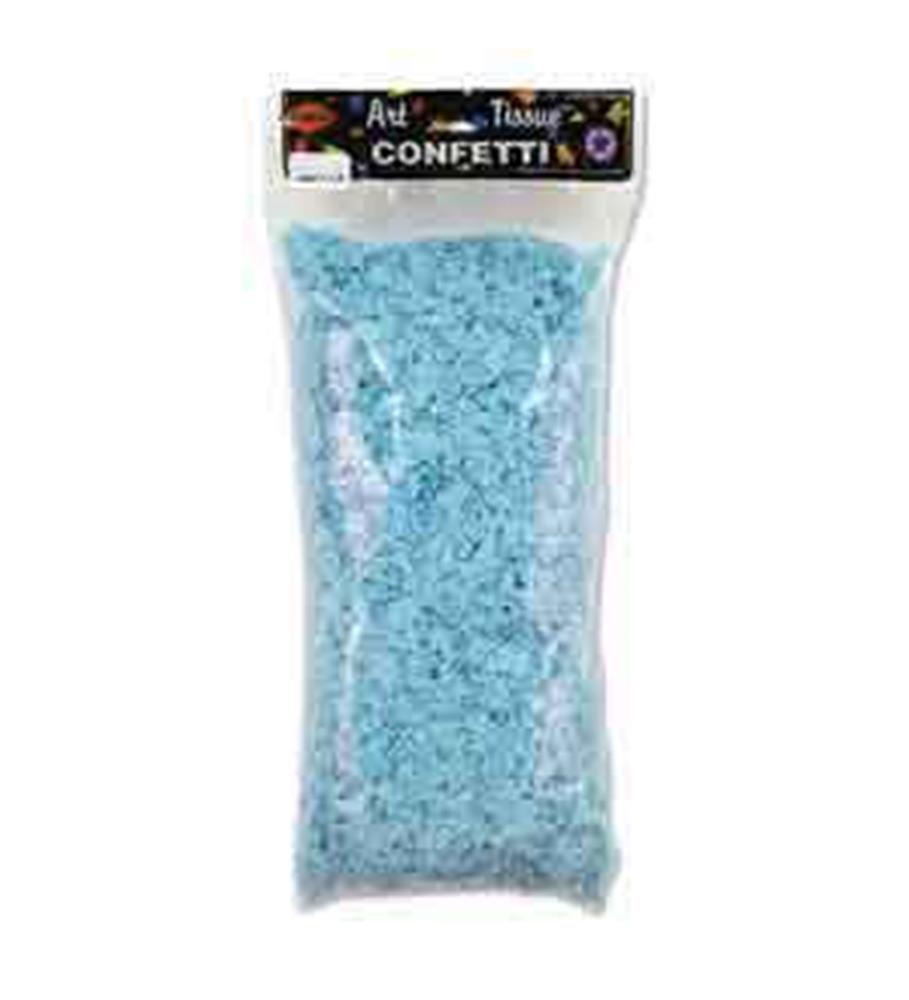 Clear plastic bag filled with light blue shredded tissue paper confetti for baby shower or gender reveal celebrations.