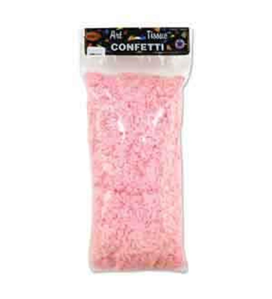 Clear plastic bag filled with light pink shredded tissue confetti for baby shower celebrations.