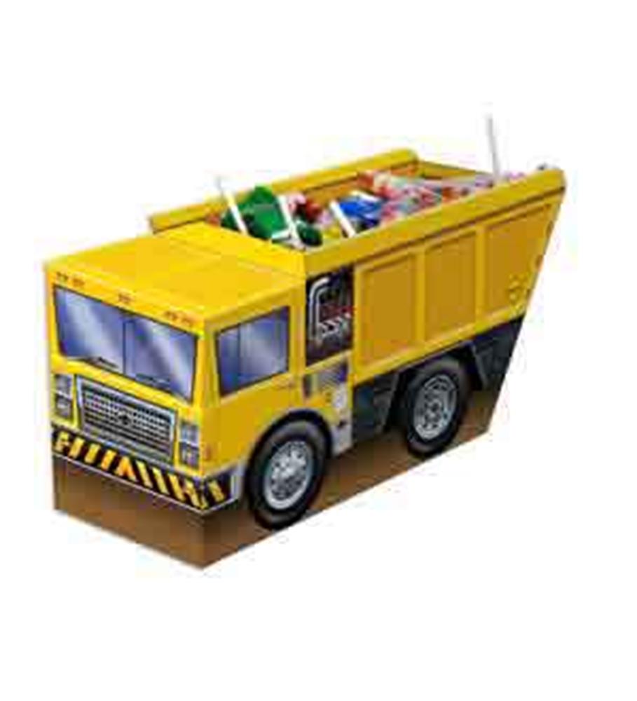 Yellow 3D dump truck centerpiece with glossy finish and black-striped front bumper.
