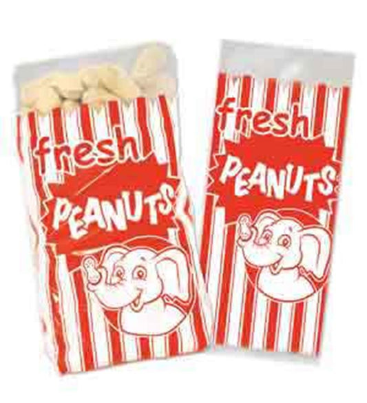 Two red-and-white striped paper bags with a cartoon elephant and bold text reading "fresh PEANUTS" filled with light yellow.