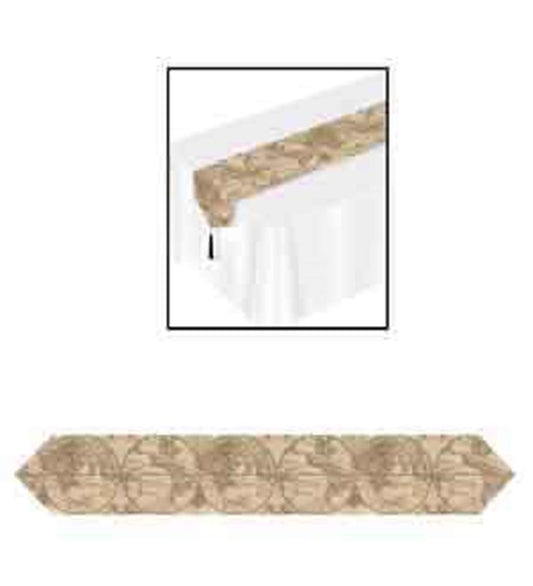Beige table runner with vintage world map design featuring continents and oceans on fabric.