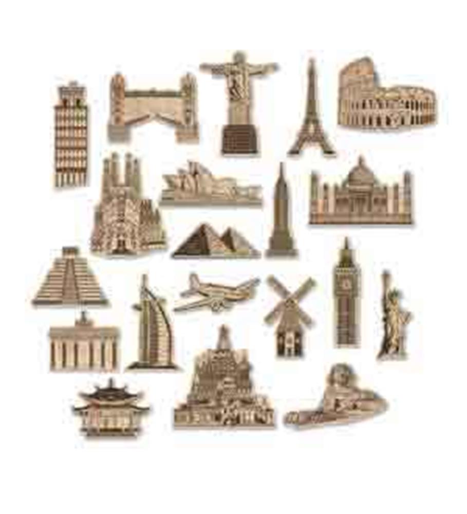 Set of wooden cutouts featuring famous world landmarks like Eiffel Tower, Statue of Liberty, Big Ben, Colosseum, and Great.