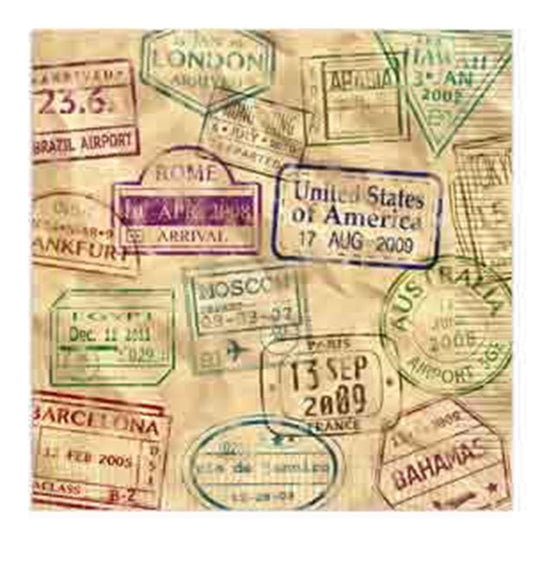 Beige fabric napkin printed with colorful international travel stamps featuring cities and dates in vintage style.