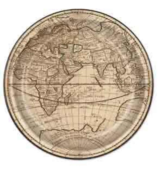 Round plate with an antique world map design in sepia tones, showing continents and ocean details.