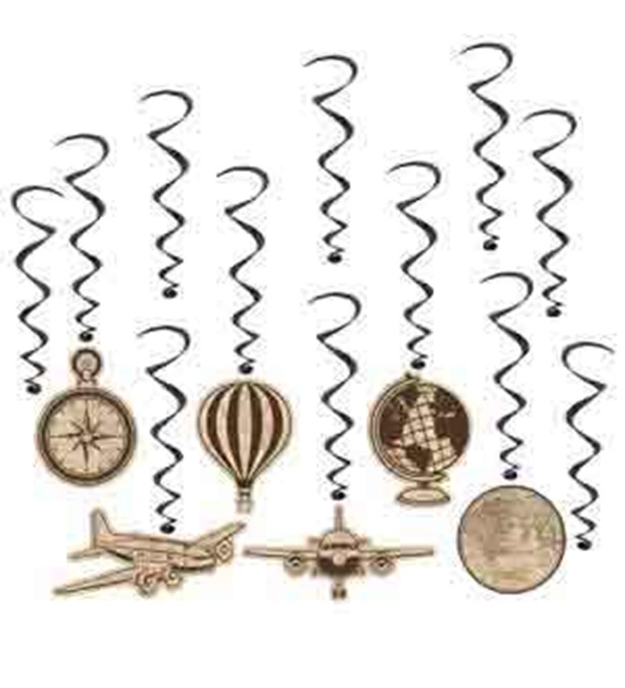 Set of five hanging swirl decorations with vintage travel-themed wooden charms including a compass, hot air balloon, globe,.
