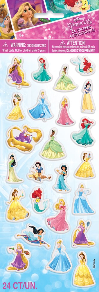 Colorful Disney princess-themed puffy stickers featuring various princesses in vibrant dresses for kids’ party decor.