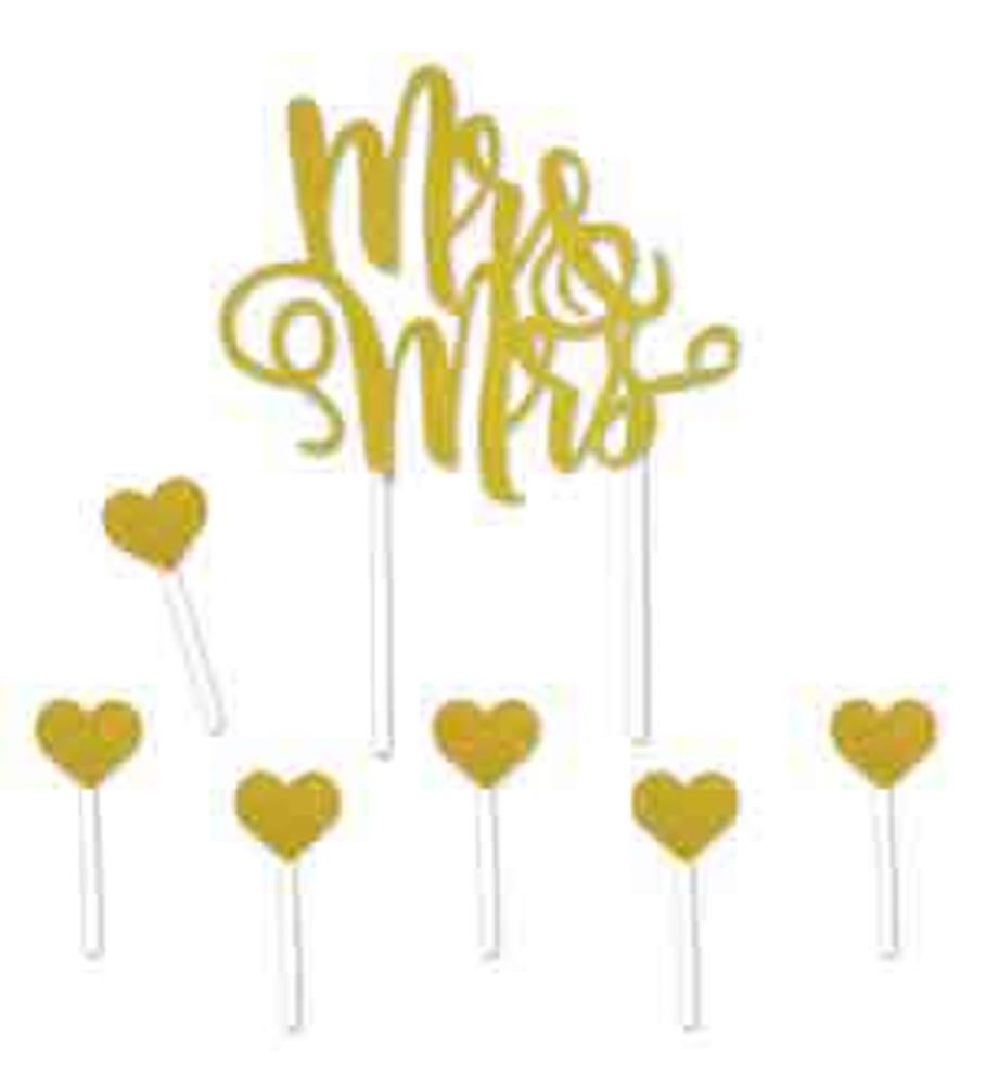Gold acrylic "Mr & Mrs" cake topper with six matching gold heart picks on clear sticks.
