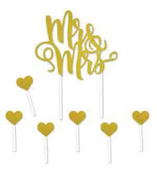 Gold acrylic "Mr & Mrs" cake topper with six matching gold heart picks on clear sticks.