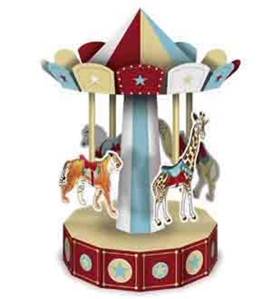 Colorful 3D circus carousel centerpiece with red, blue, and cream panels, featuring horse and giraffe cutout figures on.