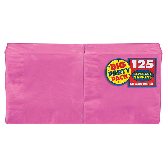 Bright pink 2-ply beverage napkins in a pack of 125 with party pack label.