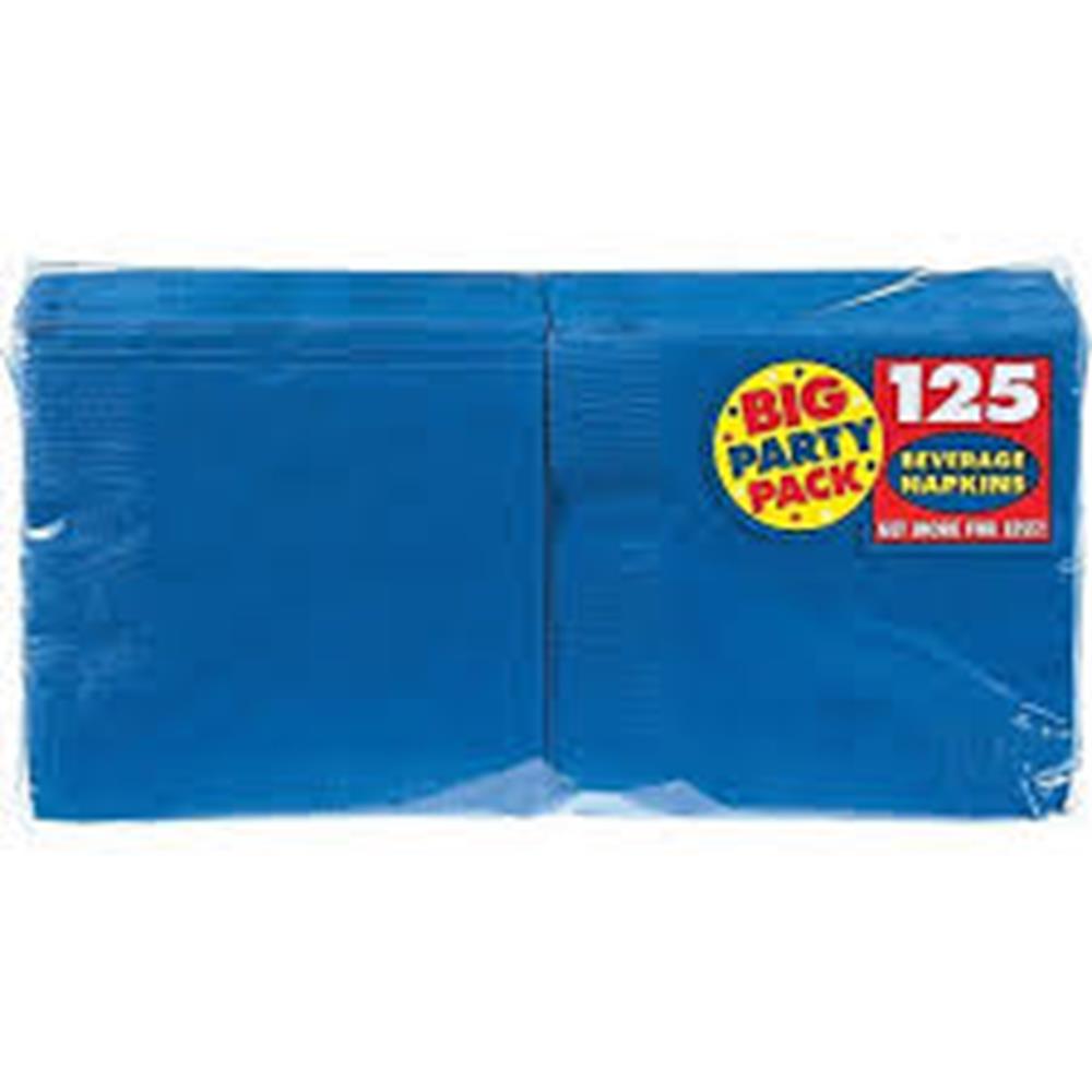 Bright royal blue beverage napkins pack with 125 count in plastic wrap.