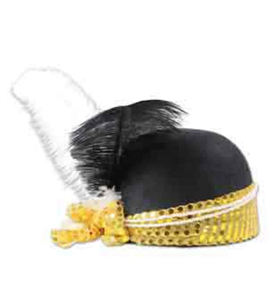 Black velvet cloche hat with gold sequined band, gold bow, and white and black feathers.