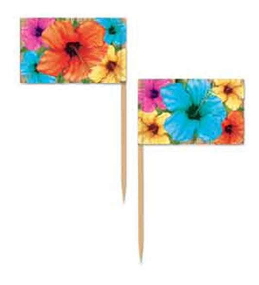 Wooden party picks with rectangular colorful hibiscus flower designs in orange, blue, pink, and yellow.