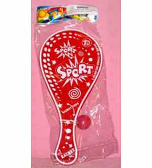 Red wooden paddle with white graphic text and designs, paired with a small red ball in clear packaging.