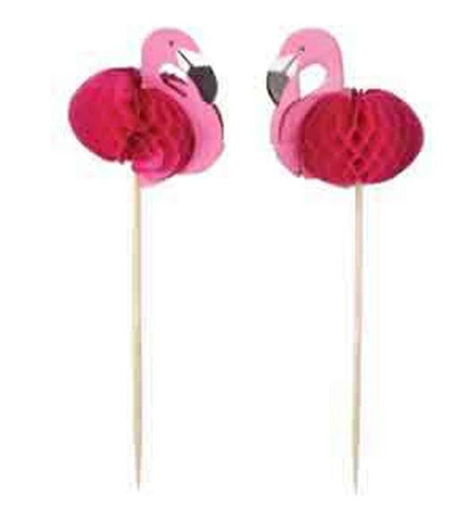 Pink flamingo decoration picks with honeycomb paper bodies on wooden sticks, festive summer party decor.