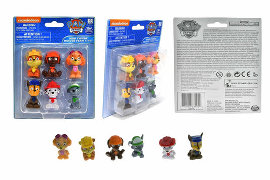 Set of six colorful Paw Patrol plastic figurines featuring Chase, Marshall, Skye, Rubble, Rocky, and Zuma, displayed in.