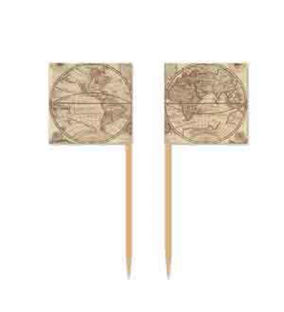 Two wooden picks each topped with a small square featuring an antique world map design.