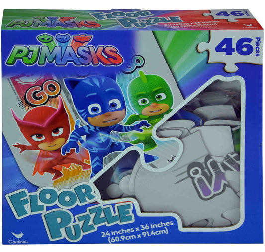 Colorful PJ Masks 46-piece floor puzzle with Catboy, Gekko, and Owlette characters on box.