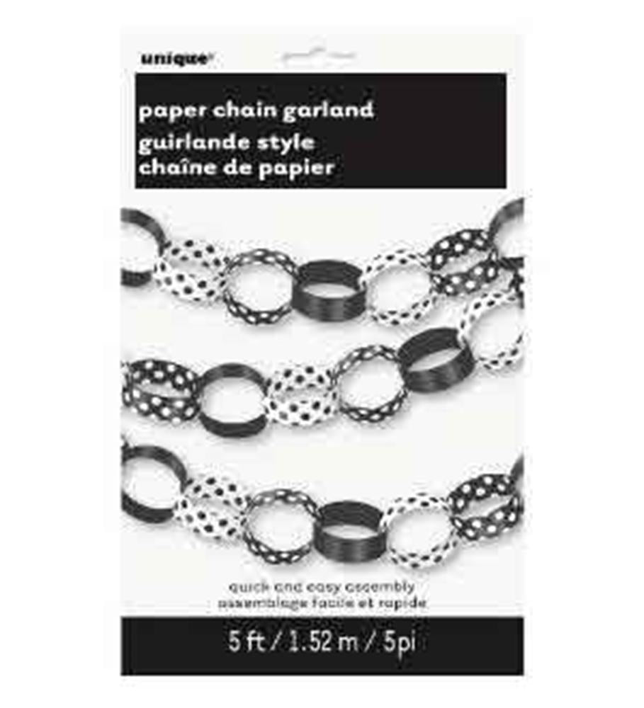 5ft black and white polka dot paper chain garland with linked oval loops.