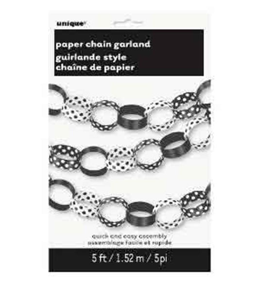 5ft black and white polka dot paper chain garland with linked oval loops.