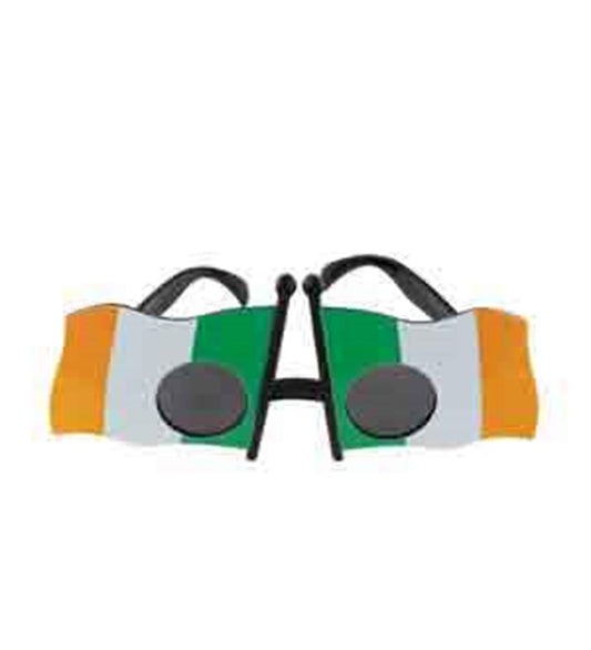Pair of novelty sunglasses decorated with the Irish flag colors in horizontal stripes of green, white, and orange, featuring