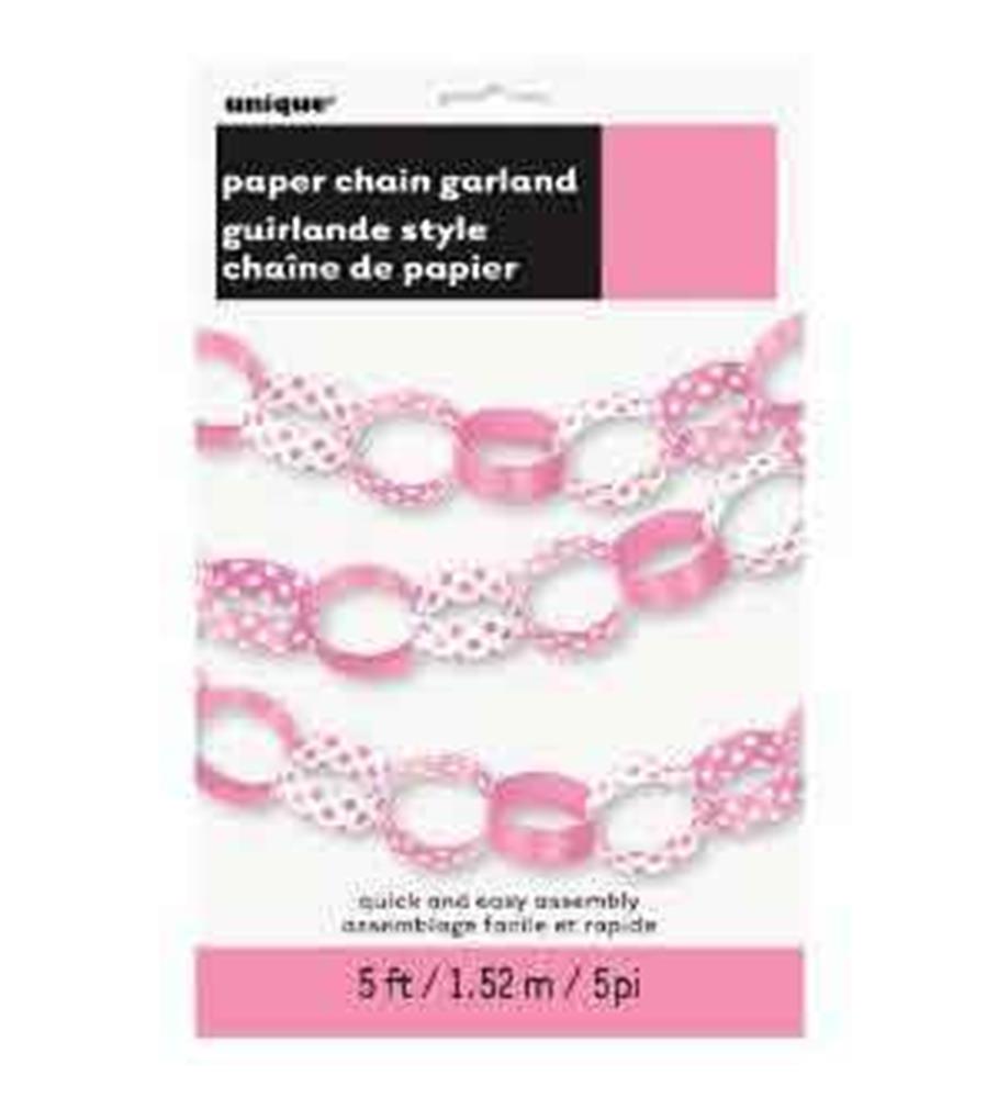 5ft paper chain garland with alternating hot pink and white links featuring pink polka dots.