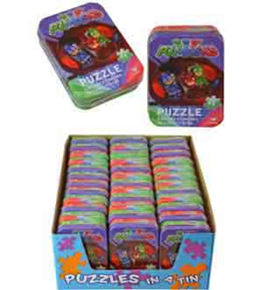 Rectangular purple metal tin featuring PJ Masks characters with 4x3x1 inch puzzle inside, displayed with multiple tins in a.