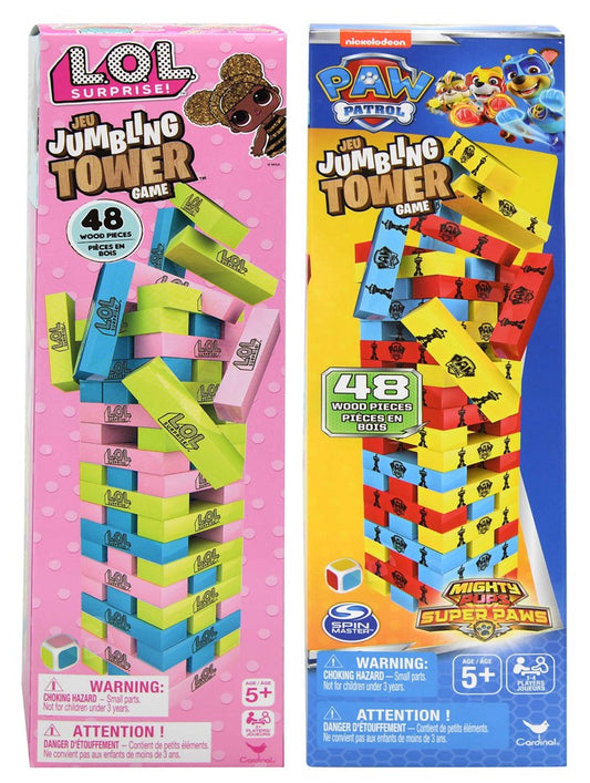 Two colorful Spin Master jumbling tower games, one featuring pastel pink, green, and blue blocks with LOL Surprise branding,
