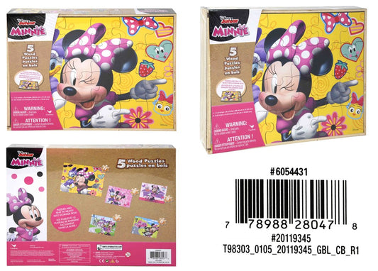 Wooden Minnie Mouse puzzle set with 5 colorful puzzles in a rectangular wooden storage box.