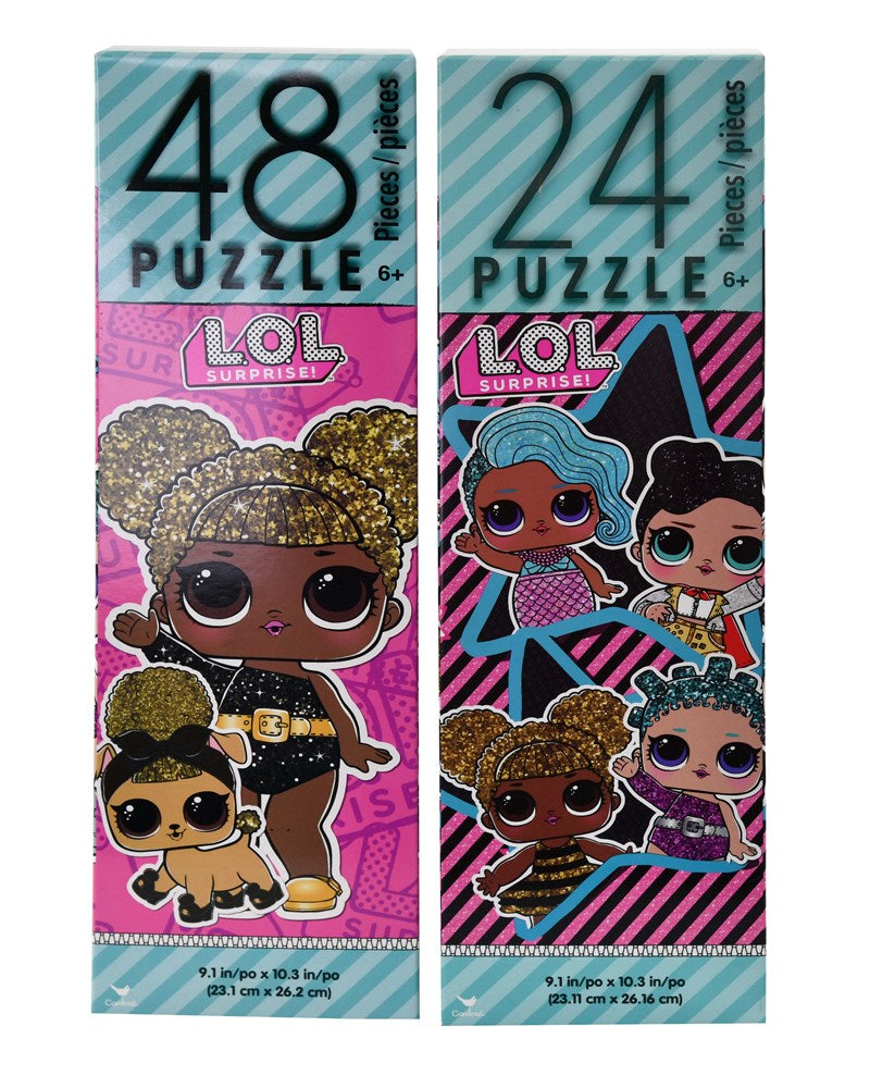 Two vertical puzzle boxes with colorful LOL characters; one box features a 48-piece puzzle with a large doll illustration,.