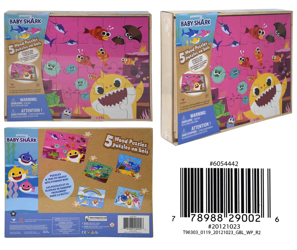 Wooden Baby Shark puzzle set with 5 colorful ocean-themed puzzles in a natural wood storage box.