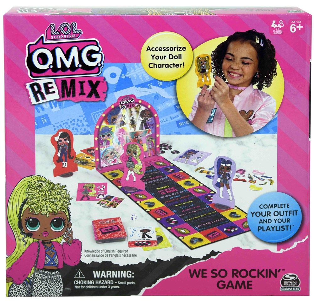 Colorful LOL Surprise OMG Remix We So Rockin fashion accessories matching board game with illustrated cards and spinner, for