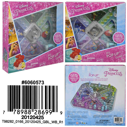 Square pink Disney Princess-themed pop-up board game with colorful character illustrations and a clear plastic spinner in.