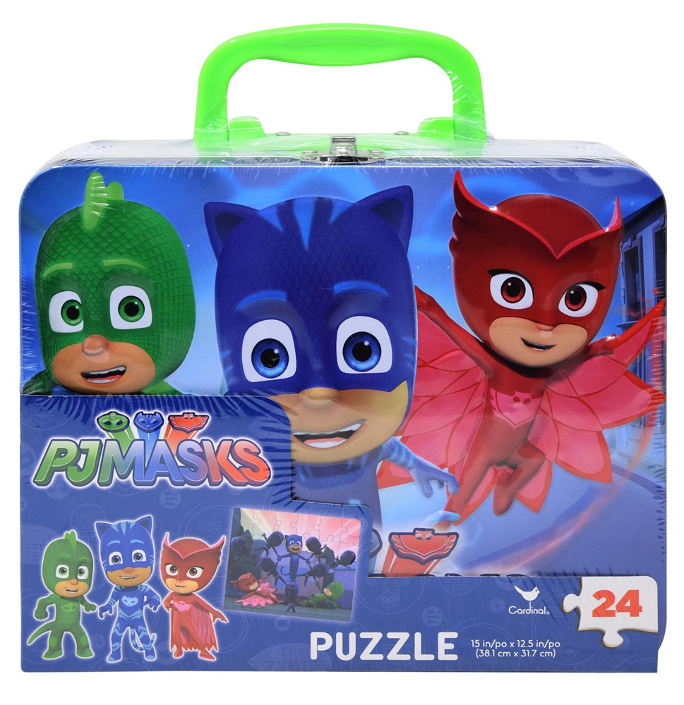 Rectangular metal lunch tin with green handle featuring PJ Masks characters and including a 24-piece puzzle inside.
