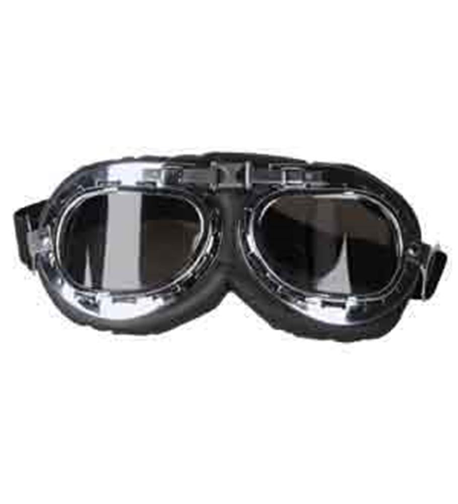 Black aviator goggles with glossy plastic frame and dark tinted lenses, adjustable side straps.