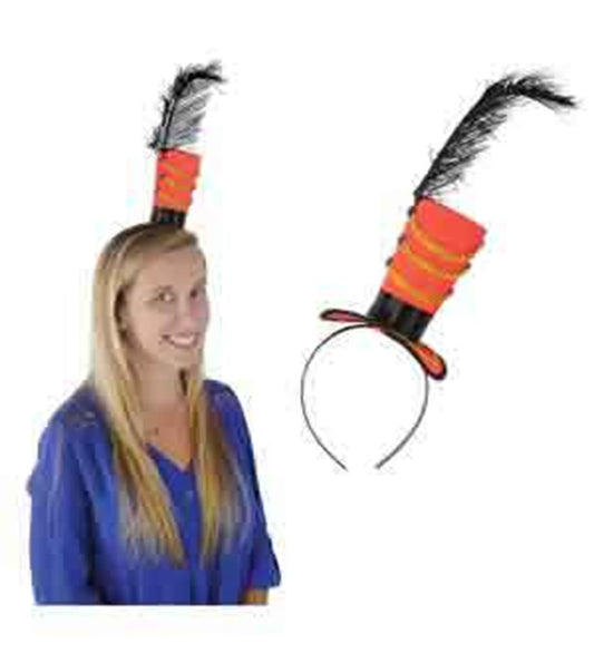 Tall red and black striped majorette hat with gold trim and black feather on a black headband.