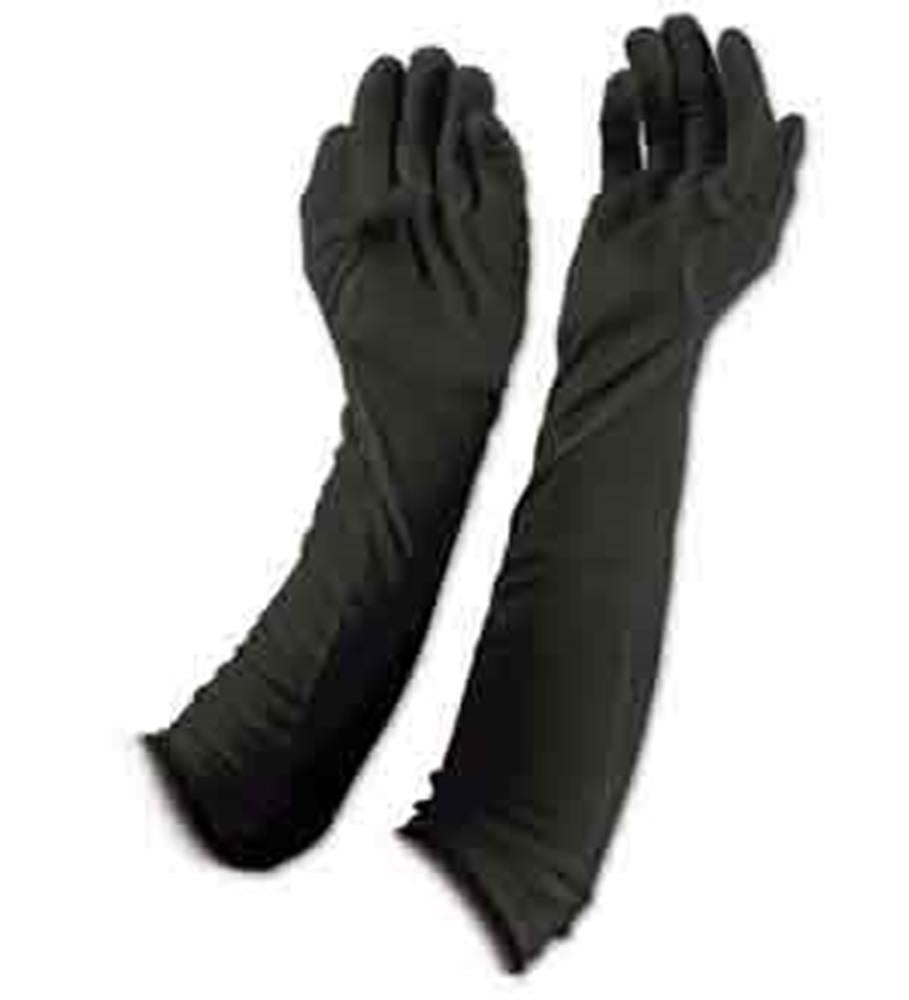 Long black satin evening gloves extending past the elbow with a smooth, fitted design.
