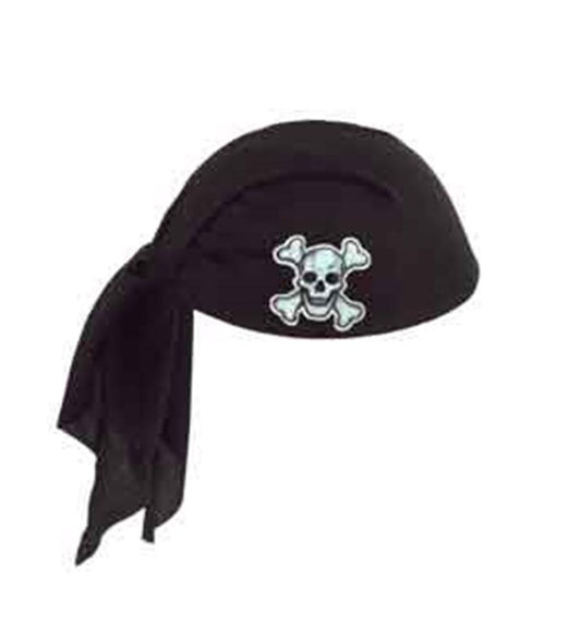 Black pirate-style bandana with attached scarf tails and white skull and crossbones emblem.