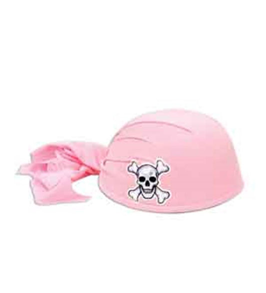 Pink pirate scarf hat with attached tail and white skull and crossbones patch.