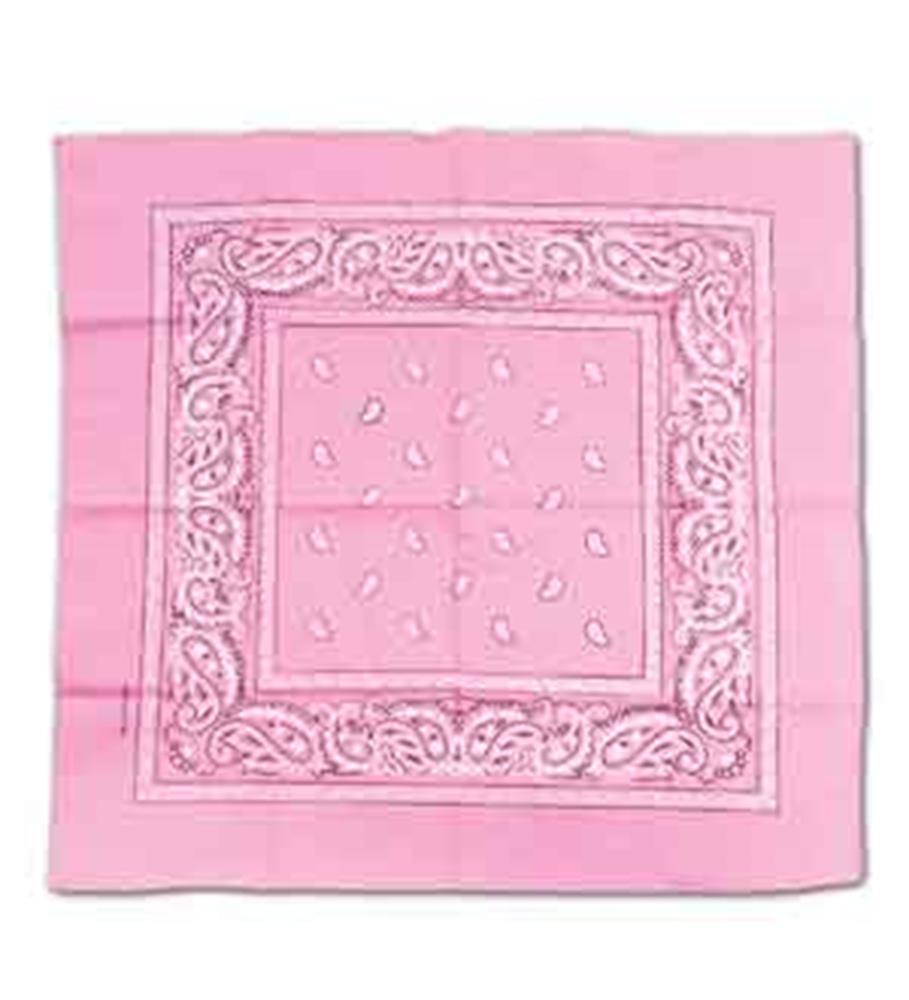 Pink cotton bandana with white paisley and teardrop patterns, 22x22 inches square.