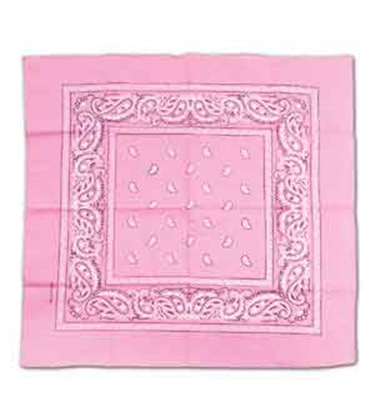 Pink cotton bandana with white paisley and teardrop patterns, 22x22 inches square.