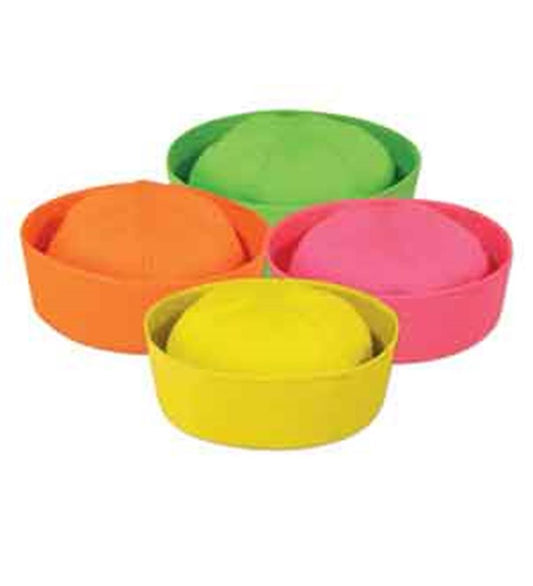 Set of four neon sailor hats in bright yellow, pink, orange, and green with soft fabric and rounded tops.