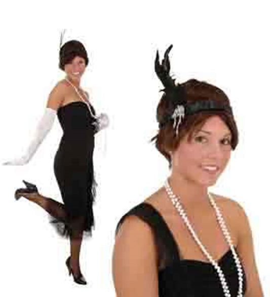 Black velvet Great Gatsby style headband with tall black feather and silver embellishments.